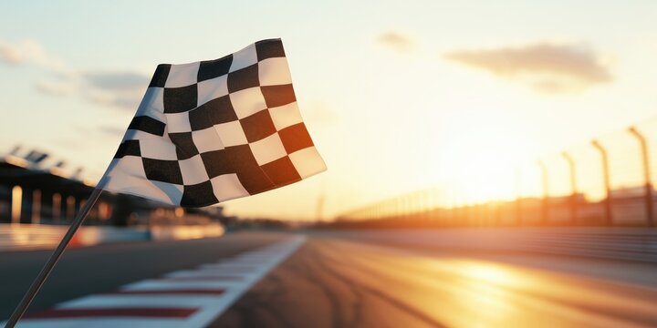 A waved checkered flag at a racing track in the background