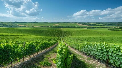 Rows of grapevines stretching out across a rolling landscape. AI.