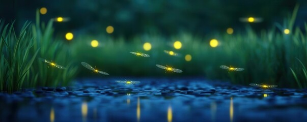 Glowing fireflies dancing around a peaceful pond at twilight, nature s glowtime, tranquil and soothing scene