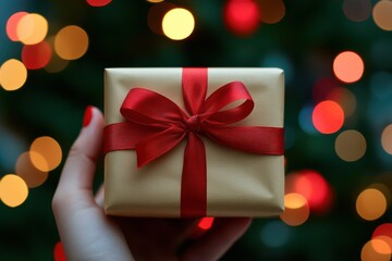 Christmas Gift with Red Ribbon and Bokeh Lights