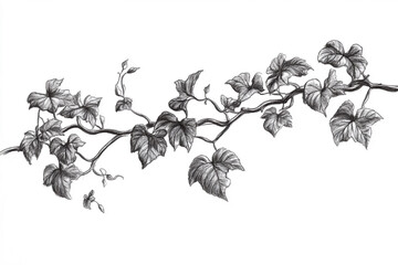 Naklejka premium Realistic sketch of a vine with intertwining leaves and delicate tendrils. The drawing captures the vine’s intricate details and natural elegance, showcasing its fluid growth and graceful form.