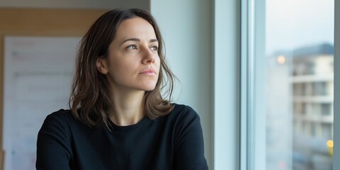 A young businesswoman gazing out of a window at a desk in a modern office building