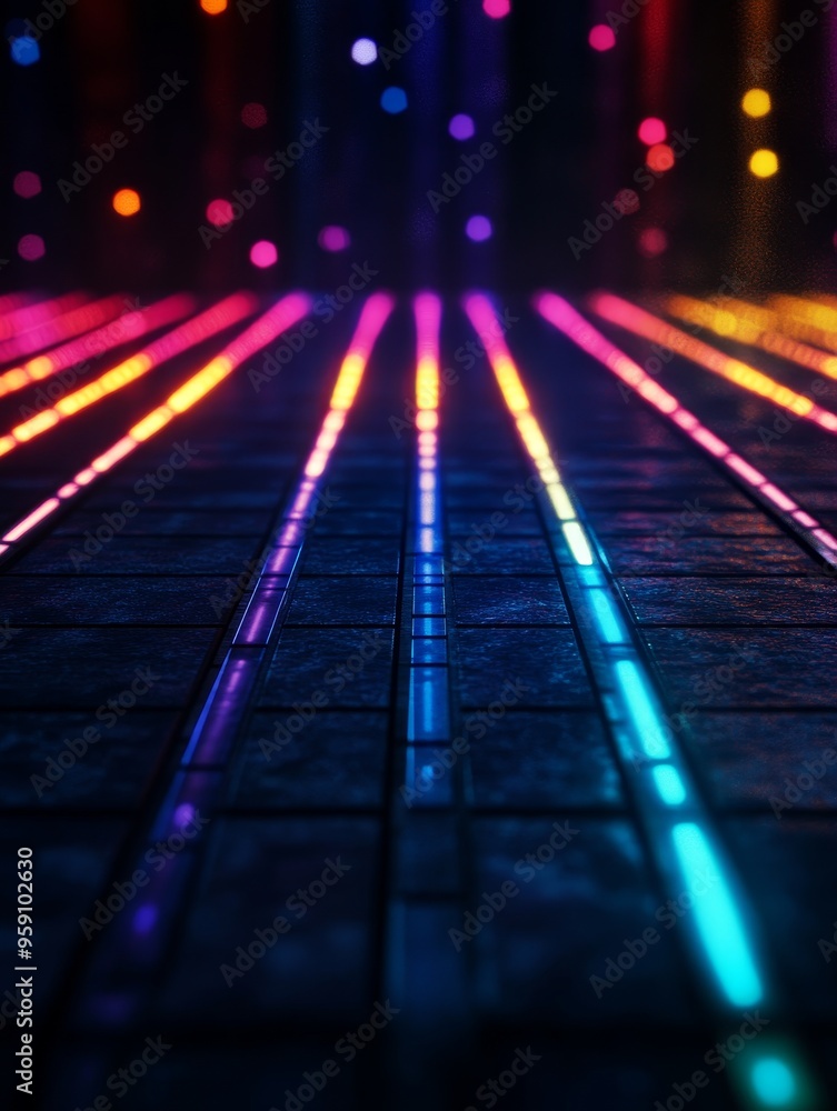 Poster a mesmerizing display of colorful neon light beams illuminating a dark tiled floor. the lines of lig