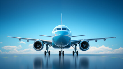 Blue sky and runway frame an aircraft in flight, capturing the dynamic feel of aviation travel.