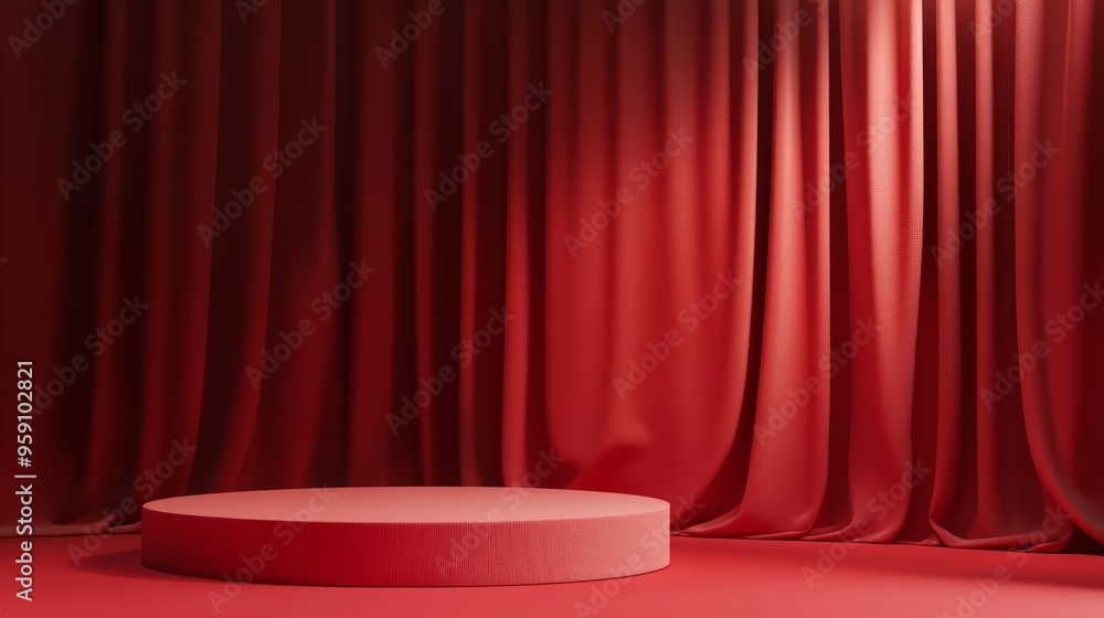 Poster a minimalist 3d mockup featuring a red velvet podium against a backdrop of flowing red theater curta