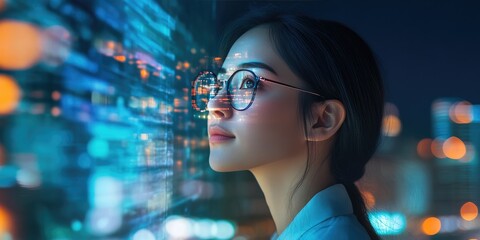 Modern Female Executive with Cityscape and Technology Background