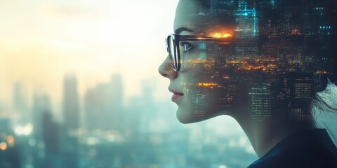 Tech-Savvy Businesswoman in Glasses with Urban Digital Overlay