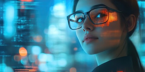 Businesswoman in Tech-Enhanced City Environment with Glasses