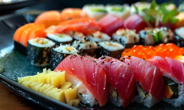 A sushi platter with colorful sashimi, nigiri, and maki rolls, arranged artfully on a black plate. Video