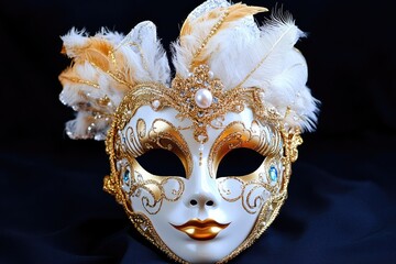 Masks For A Ball. Golden Carnival Mask Isolated on Black Background with Copy Space