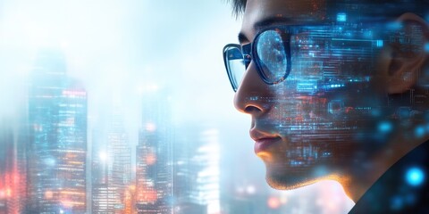 Businessman in Glasses Amidst Futuristic Tech Environment