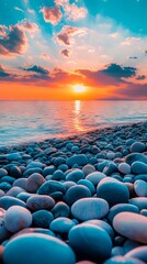 A sunset over the ocean with rocks on the beach