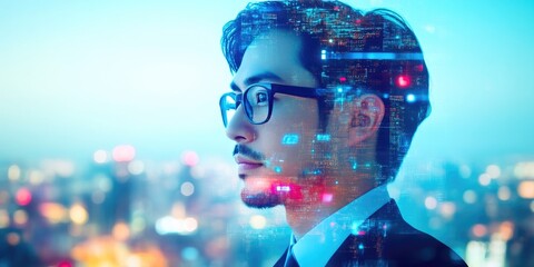 Businessman Wearing Glasses with Advanced Tech Background