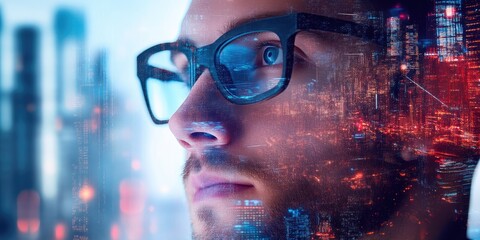 Corporate Leader in Glasses Against Technology Background