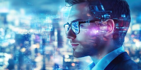 Business Professional with Glasses and Cityscape Technology