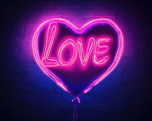 Neon Valentines Day. Shiny Pink Billboard with Love Text Highlighted by Neon Lights for February 14