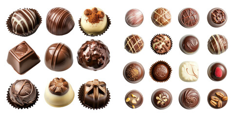 Collection of chocolates isolated on transparent background, set of