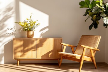 A minimalist living room with a wooden sideboard, a comfortable armchair, and a vase of yellow flowers. The room is bathed in natural light, creating a sense of peace and tranquility.