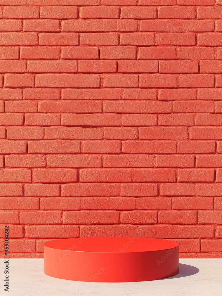 Poster a minimalist product display featuring a vibrant red podium set against a backdrop of a textured bri