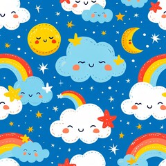 A pattern of clouds stars moon and rainbows on a blue background
