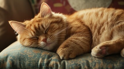 A detailed shot of a fat, fluffy cat napping on a cushion, its eyes closed and whiskers relaxed, with a sense of calm and contentment.