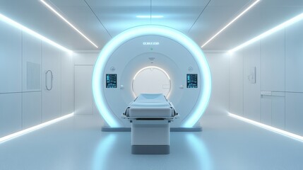 Fototapeta premium A modern, sterile MRI room with a sleek, white MRI machine and a patient table. The room is lit with bright, white lights and has a futuristic feel. This image symbolizes advanced technology, healthca