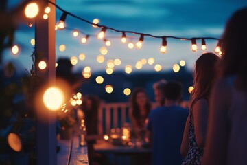 Evening gathering on rooftop deck with festive string lights and friends at dusk