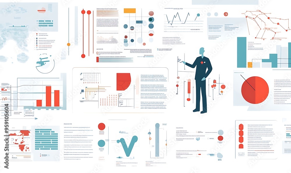 Poster abstract data visualization with charts, graphs, and a person presenting
