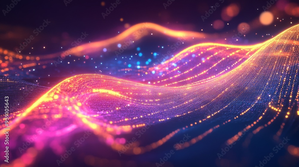 Poster a digital concept of neon electric waves intersecting over a dark background, representing wireless 