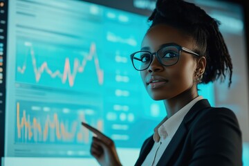Diverse Female Director Presenting Fintech Success Statistics