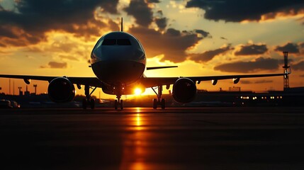 A stunning silhouette of an airplane against a vibrant sunset sky, capturing the beauty of travel and adventure.