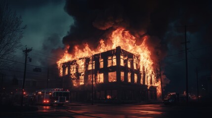 A dramatic scene of a building engulfed in flames with thick smoke rising into the sky, captured during a nighttime fire emergency