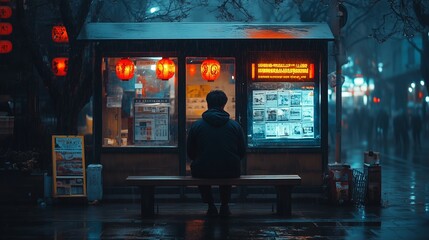 Obraz premium A solitary figure sits on a bench in front of a cozy food stall illuminated by warm lanterns on a rainy evening in the city