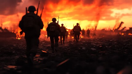 Fototapeta premium A regiment of soldiers marches through a devastated battlefield, their silhouettes stark against the fiery glow of the burning buildings and sky. The image symbolizes the resilience of the human spiri