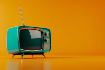 A retro teal television set with an antenna stands on an orange background. This image symbolizes nostalgia, classic entertainment, and the evolution of technology. It also evokes a sense of simplicit