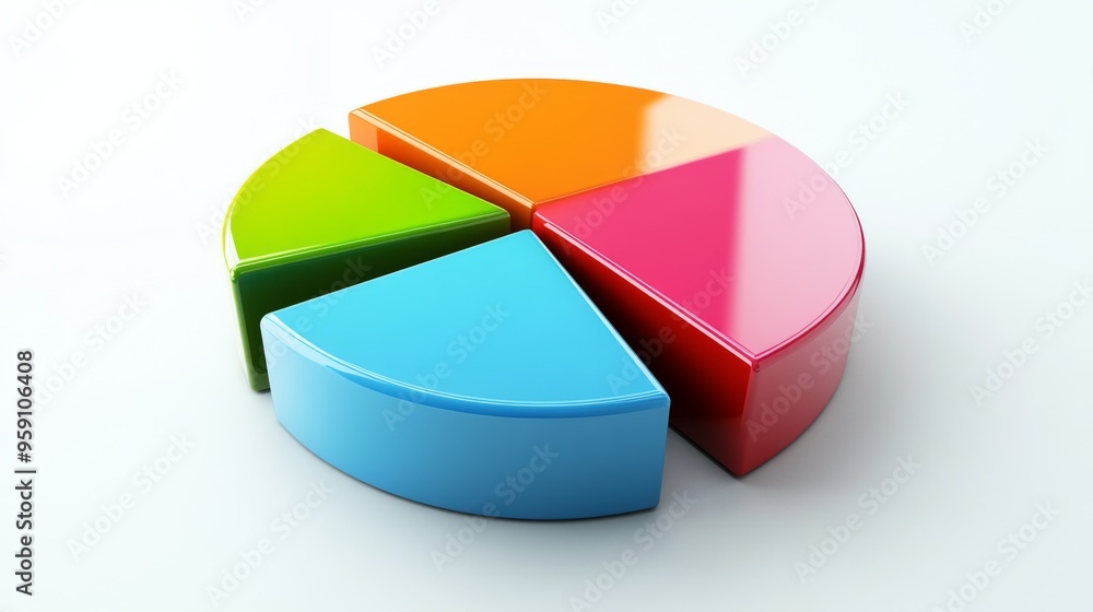 Fototapete A dynamic 3D pie chart with segments in various bright colors, each section floating slightly above a white surface, symbolizing data analysis and statistics.