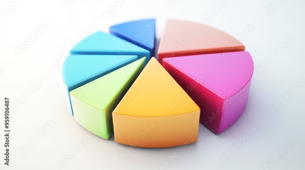 Fototapete A dynamic 3D pie chart with segments in various bright colors, each section floating slightly above a white surface, symbolizing data analysis and statistics.