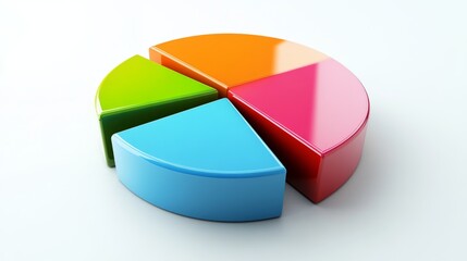 Obraz premium A dynamic 3D pie chart with segments in various bright colors, each section floating slightly above a white surface, symbolizing data analysis and statistics.