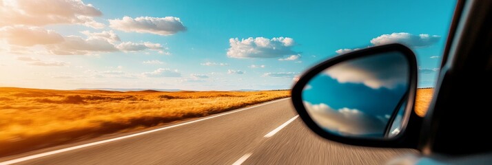 Fototapeta premium A scenic view of an open road stretching towards a horizon adorned with a bright blue sky and fluffy white clouds. The reflection in the side-view mirror adds a sense of perspective and the feeling of