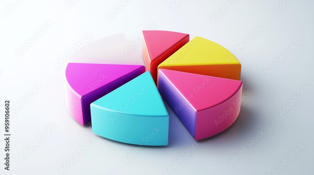 Fototapete A dynamic 3D pie chart with segments in various bright colors, each section floating slightly above a white surface, symbolizing data analysis and statistics.
