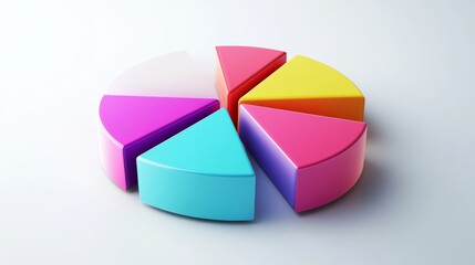 A dynamic 3D pie chart with segments in various bright colors, each section floating slightly above a white surface, symbolizing data analysis and statistics.