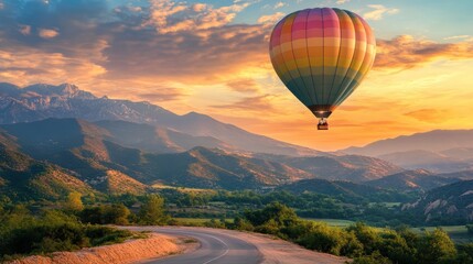 Fototapeta premium Colorful hot air balloons flying over green valley with road and mountains in background