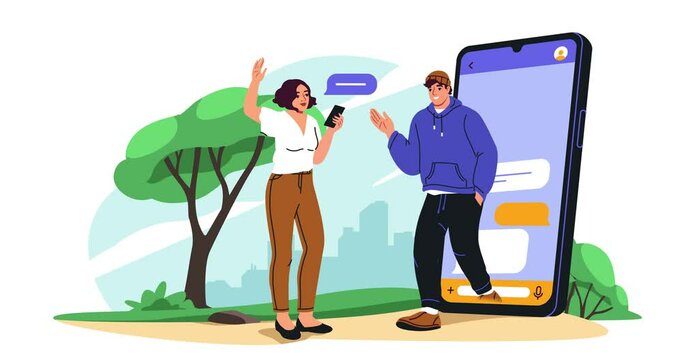 Finding friends online. Moving banner with woman standing near big smartphone and greeting new friend on social media. Character communicating and chatting on Internet. Cartoon flat animated graphics