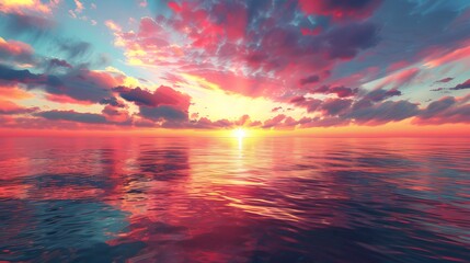 Fototapeta premium Sunset Over the Ocean: A breathtaking sunset over the ocean, with the sky painted in vibrant colors reflecting on the water. 