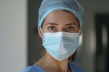 Young female nurse at camera wearing surgical mask and scrubs