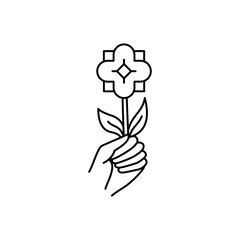 Hand holding flower. Vector editable stroke line. Graphic drawn isolated icon.