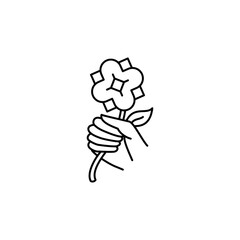 Hand holding flower. Vector editable stroke line. Graphic drawn isolated icon.