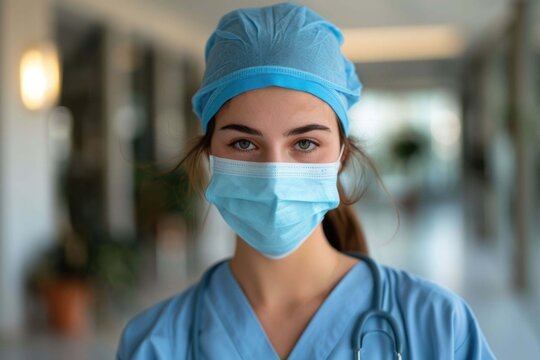 Young female nurse at camera wearing surgical mask and scrubs