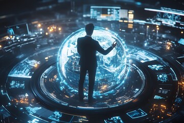 A Businessman Interacting with a Digital Globe in a Futuristic Control Room