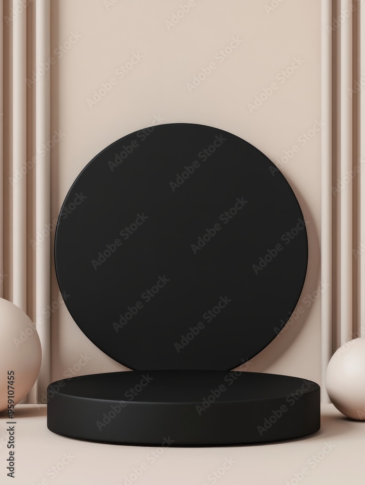 Poster A simple yet elegant 3D  of a matte black podium with a circular shape on a beige background, perfect for showcasing products or branding.